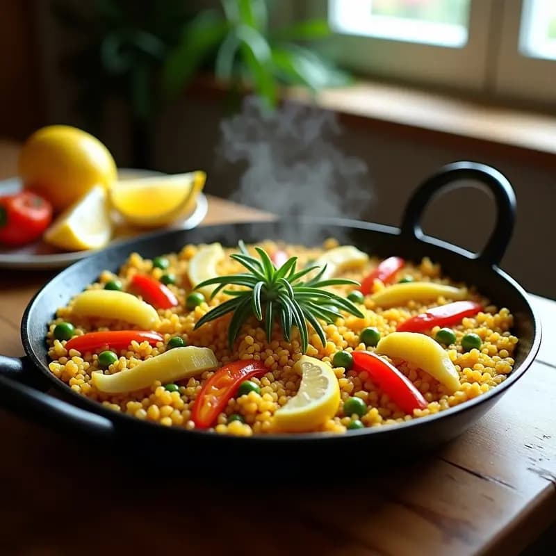 Paella vegana tradicional valenciana en paellera de hierro, con arroz dorado, alcachofas, pimientos, judías verdes y guisantes, decorada con gajos de limón y ramita de romero.