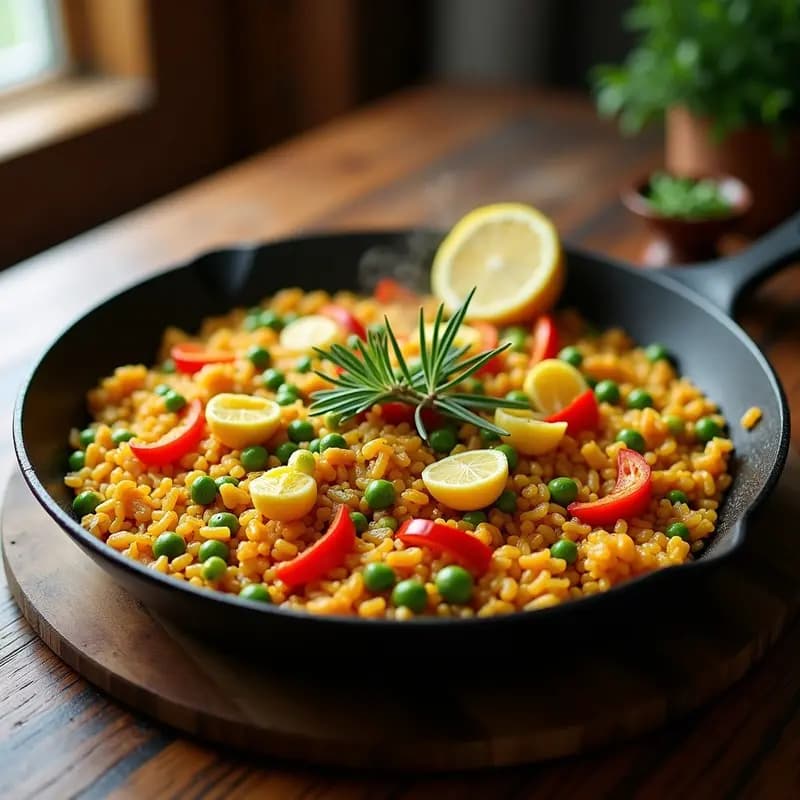 Paellera de hierro con paella de verduras y alcachofas al estilo valenciano, arroz dorado con trozos de alcachofa, pimientos rojos y verdes, judías verdes y guisantes, decorada con gajos de limón y romero fresco sobre fondo rústico de madera.