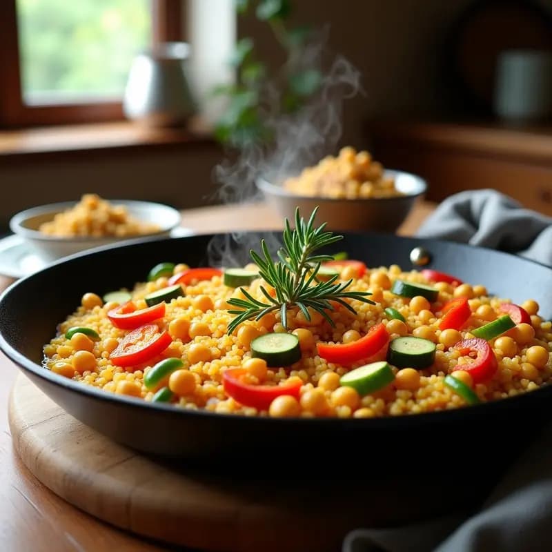 Paellera de hierro con paella vegana de verduras y garbanzos, arroz dorado, pimientos, calabacín y judías verdes, decorada con romero fresco.