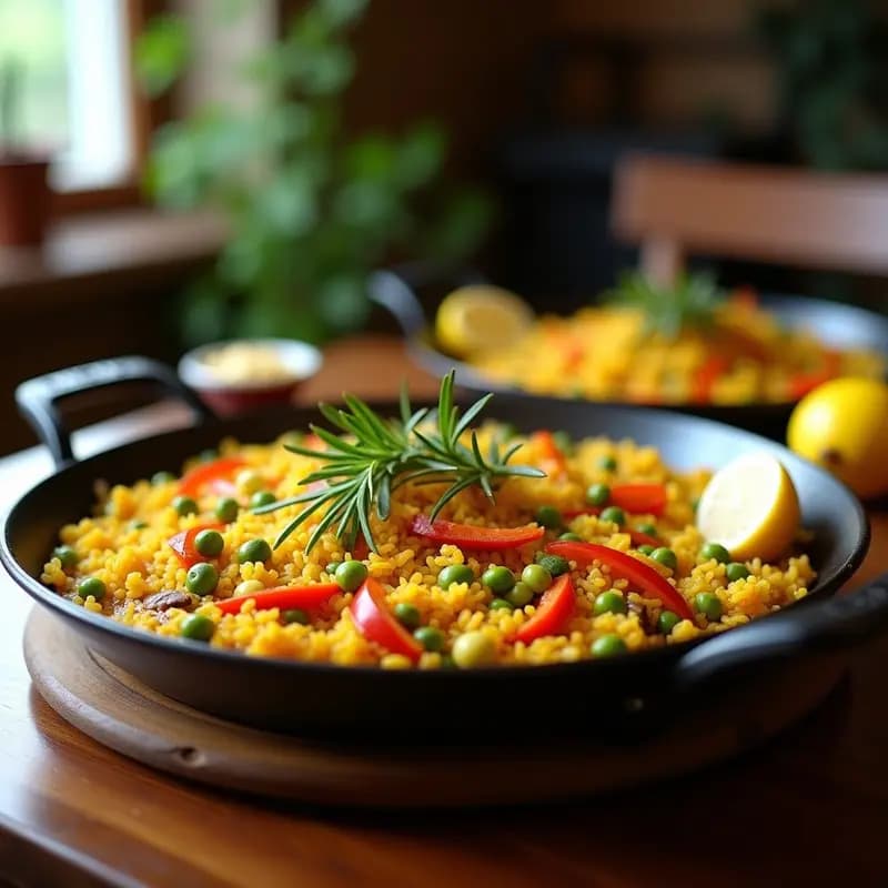 Paellera de acero con paella de verduras de temporada vegetariana, arroz amarillo con alcachofas, judías verdes, pimientos y guisantes, decorada con rodajas de limón y romero fresco.