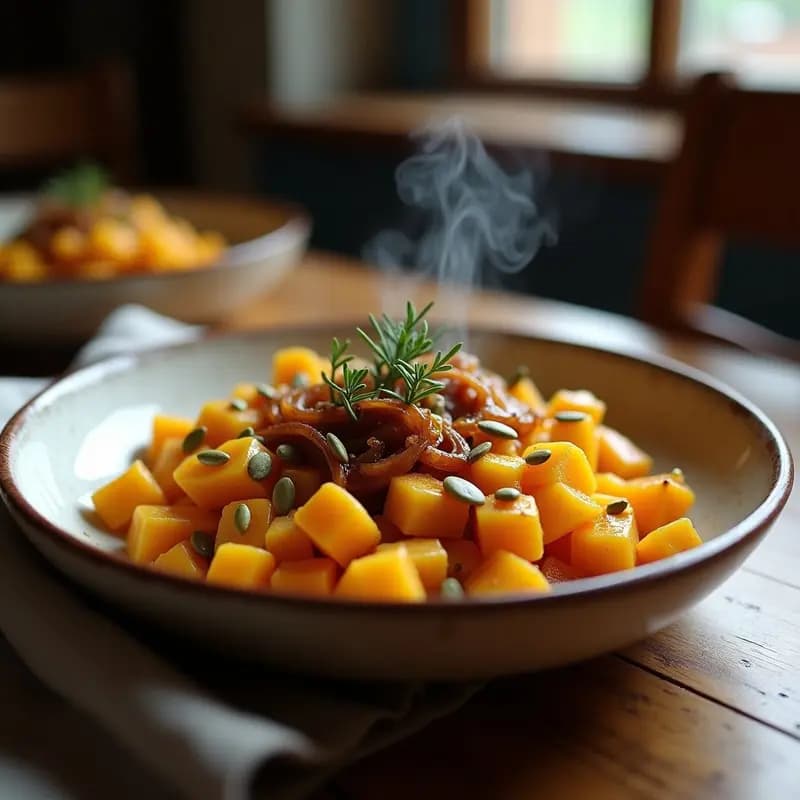 Plato hondo de cerámica blanca con Pätzle de calabaza de color dorado, cubiertos con cebolla caramelizada brillante y semillas de calabaza tostadas. Receta alemana vegana con textura esponjosa y crujiente.