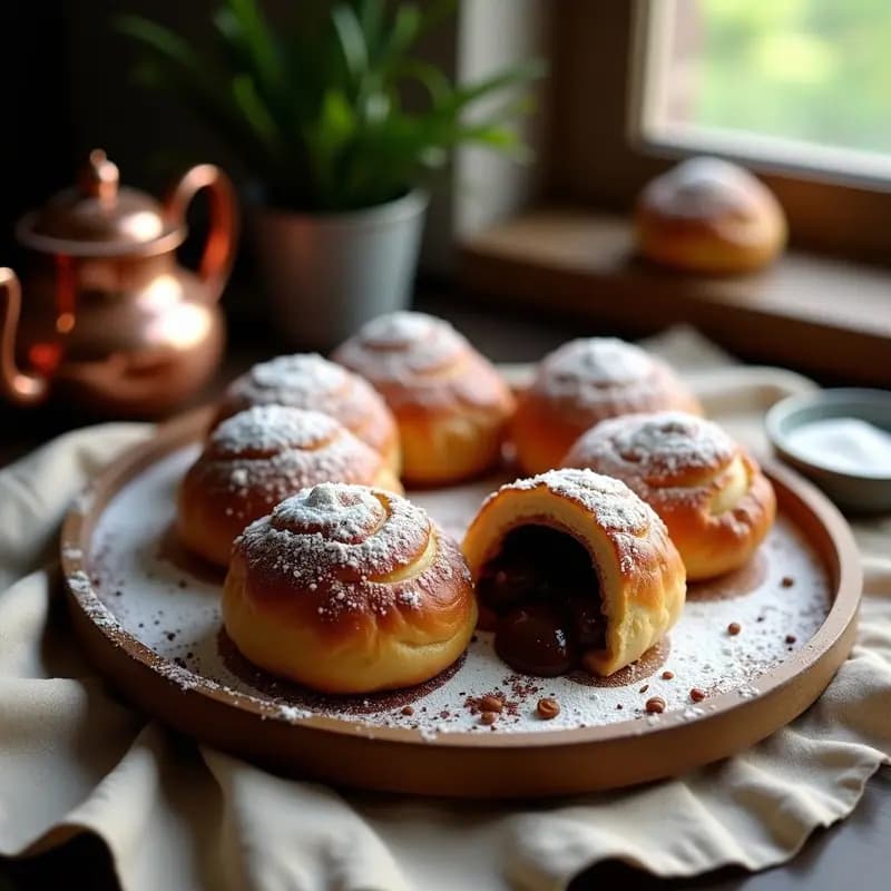 Bollos dorados tipo pain au chocolat franceses, rellenos de crema de chocolate oscuro, espolvoreados con azúcar glas y decorados con almendras molidas sobre una bandeja de madera rústica.