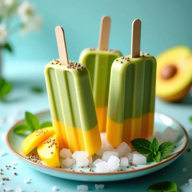 Paletas heladas de té verde matcha con capas de mango amarillo y semillas de chía negras, decoradas con coco rallado, sobre un fondo de hielo picado y hojas de menta, receta vegana y sin azúcar.