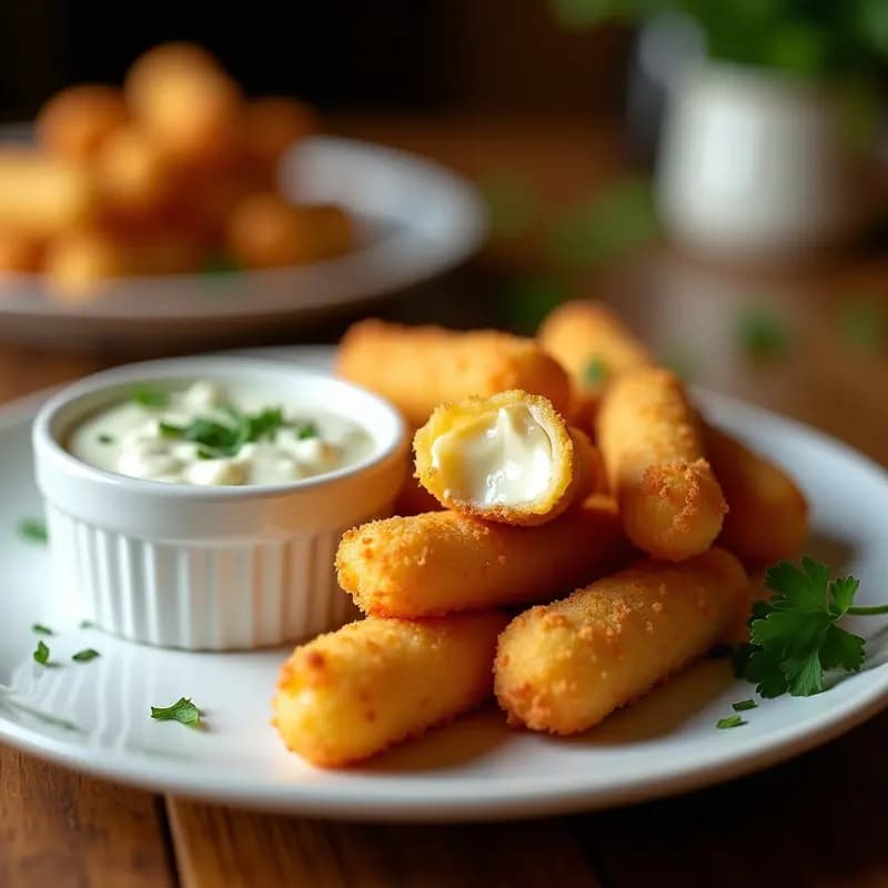 Palitos de mozzarella empanizados dorados y crujientes servidos en un plato blanco con salsa de ajo y perejil cremosa al lado, aperitivo italiano perfecto para compartir.