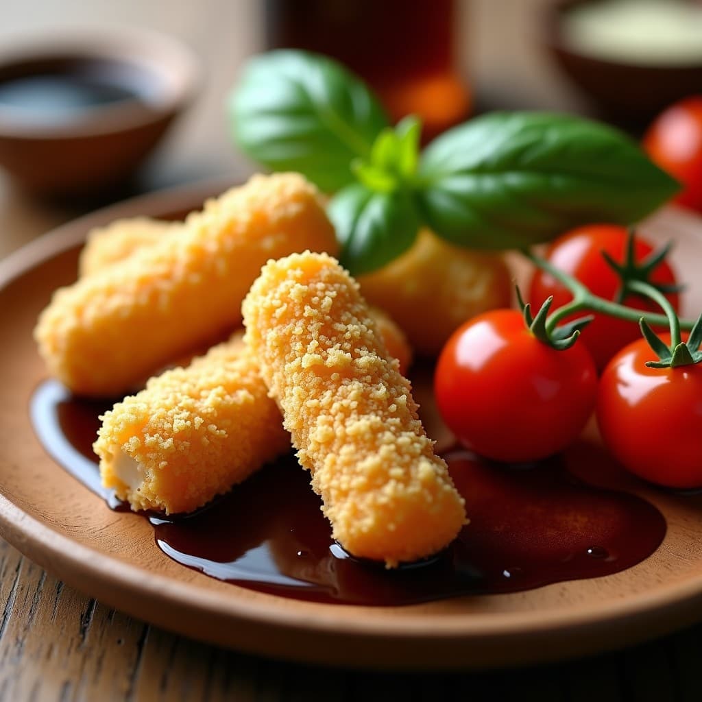Palitos dorados de mozzarella rebozados con harina de almendra y parmesano, servidos con tomates cherry cortados por la mitad, hojas de albahaca fresca y un hilo de reducción de vinagre balsámico brillante sobre un plato de madera rústica. Receta keto en airfryer.