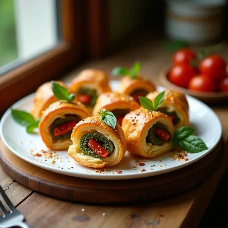 Palmeritas de masa de hojaldre doradas y crujientes rellenas de pesto verde y tomates secos, servidas en una tabla de madera con hojas de albahaca fresca. Aperitivo francés visual y gourmet.
