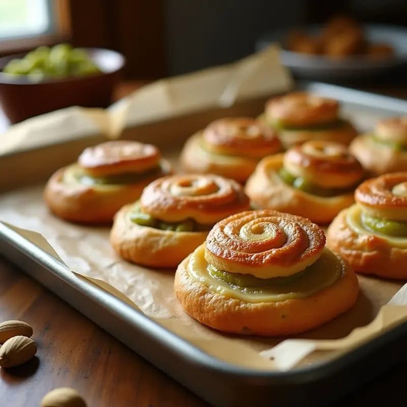 Palmiers de hojaldre sin gluten dorados y crujientes con vetas de praliné de pistacho, dispuestos en una bandeja de horno con papel vegetal, postre francés tradicional.
