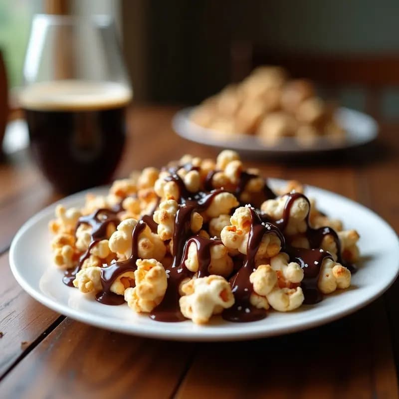 Bol hondo negro lleno de palomitas de maíz doradas bañadas en un brillo de caramelo oscuro y chocolate negro, con escamas de sal marina visibles. Snack de cine gourmet listo para servir.