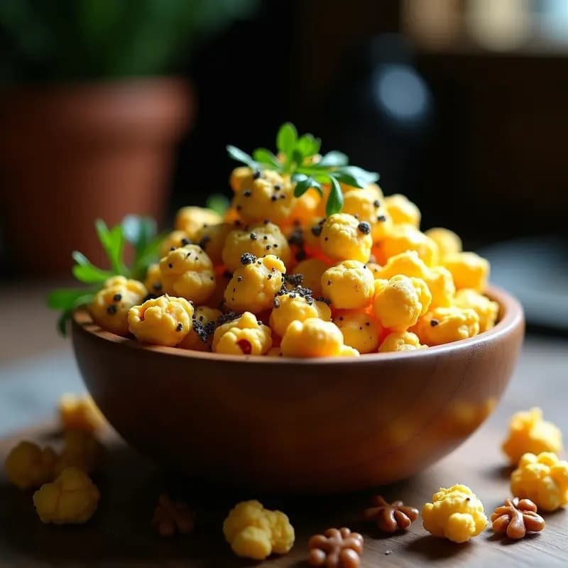 Bol de palomitas de maíz doradas cubiertas con una salsa cremosa de queso azul y trufa, decoradas con nueces picadas y virutas de trufa negra. Presentación gourmet en fondo oscuro con detalles de madera rústica.