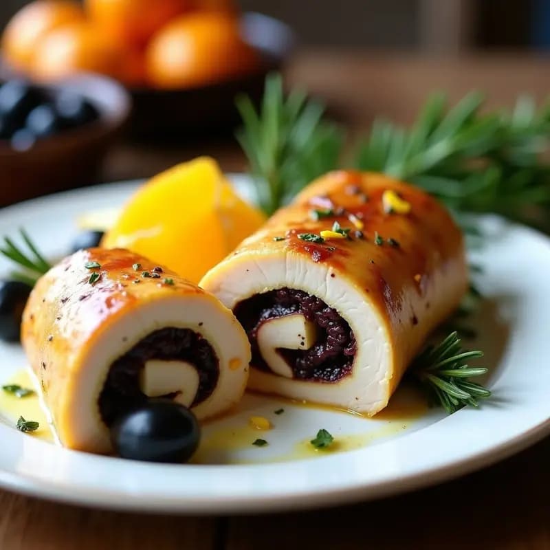 Rollos de pamplona de pollo y aceitunas negras dorados, cortados en rodajas gruesas sobre una tabla de madera, mostrando el relleno cremoso de queso y aceitunas. Acompañados de hojas de perejil fresco y un chorrito de aceite de oliva.