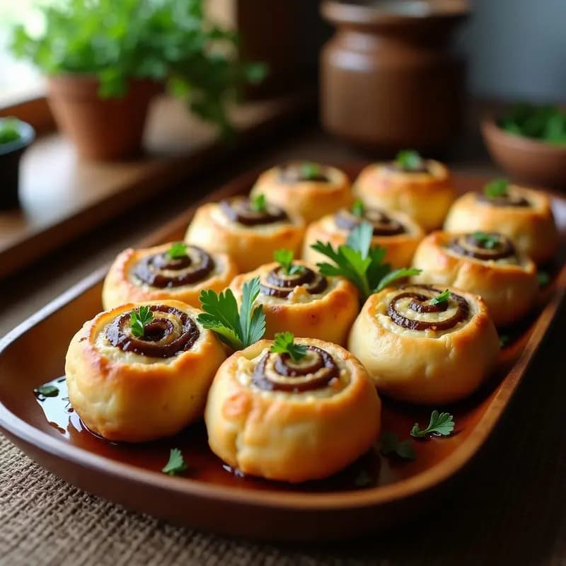 Pampushky ucranianos dorados y esponjosos rellenos de paté de hongos y cebolla, servidos en una bandeja de madera con perejil fresco y aceite de oliva, receta sin gluten.