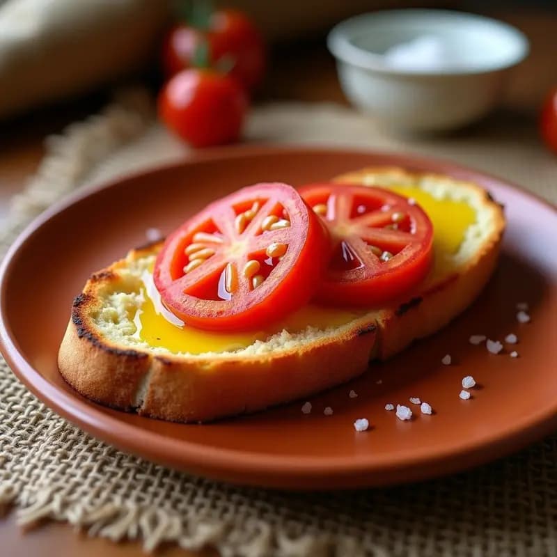 Rebanada de pan rústico tostado con tomate de la huerta frotado, generosa capa de aceite de oliva virgen extra y pizca de sal, servido en plato de barro sobre fondo rústico de madera.