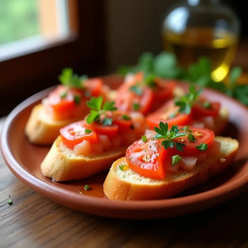 Tapa tradicional gaditana de pan tostado con tomate rallado fresco, ventresca de atún desmenuzada y aceite de oliva virgen extra, espolvoreada con perejil picado, servida en plato rústico de barro.