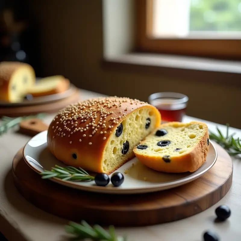 Pan redondo dorado de aceituna negra y romero con semillas de sésamo en la superficie, cortado en porciones y servido en una tabla de madera rústica. Receta italiana sin harina con masa de garbanzo.