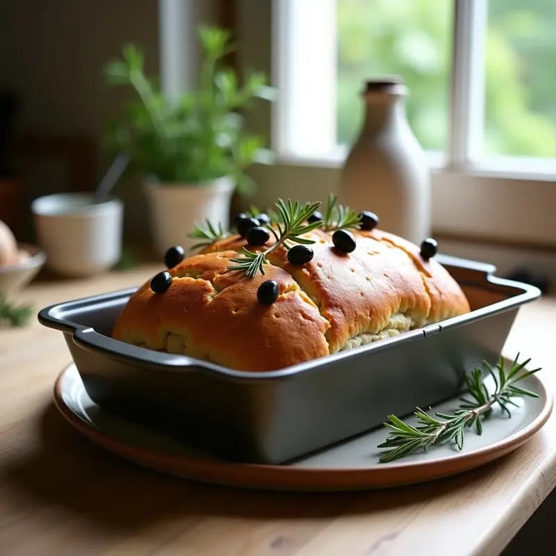 Pan de aceitunas y romero sin gluten y vegano, horneado en molde rectangular, con superficie dorada y decorado con aceitunas negras y hojas de romero fresco. Receta francesa en Thermomix.