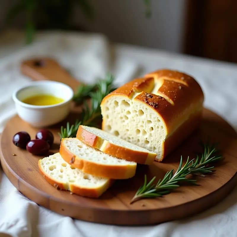 Pan de ajeno griego esponjoso con corteza dorada, servido en una tabla de madera rústica con aceitunas y hierbas frescas al lado.