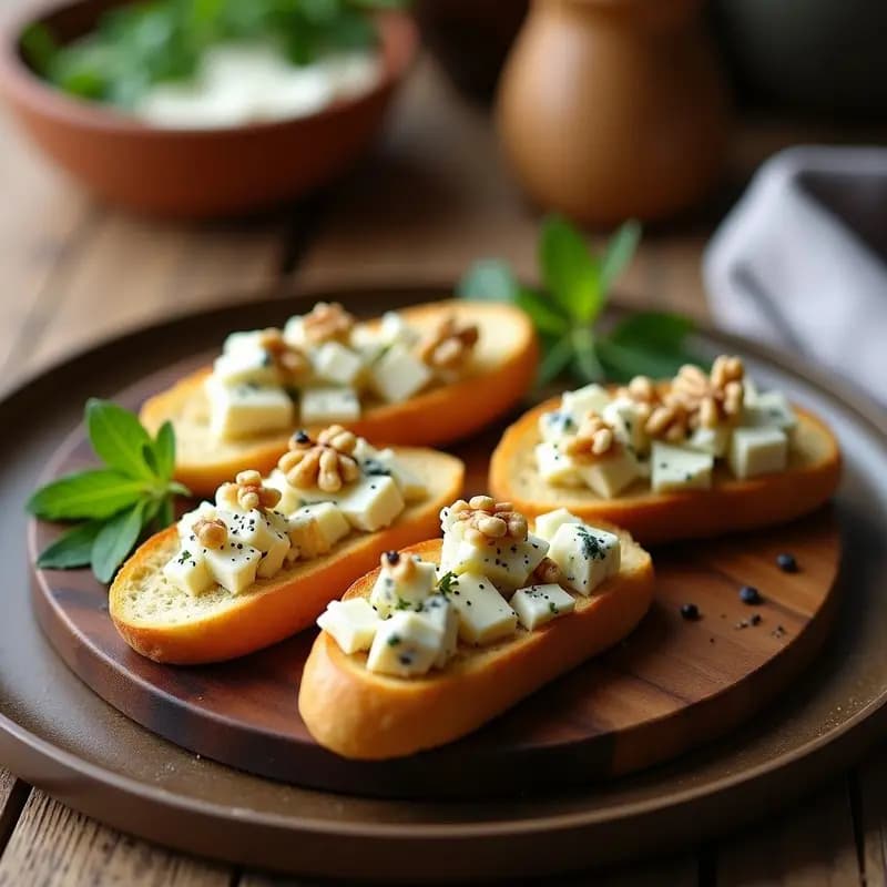 Tabla de madera rústica con rebanadas de pan de brioche tostado y gratinado, cubiertas de queso azul derretido, nueces pecanas doradas, ajo asado y hilos de miel de lavanda. Plato de entrante francés gourmet con fondo borroso de cocina elegante.