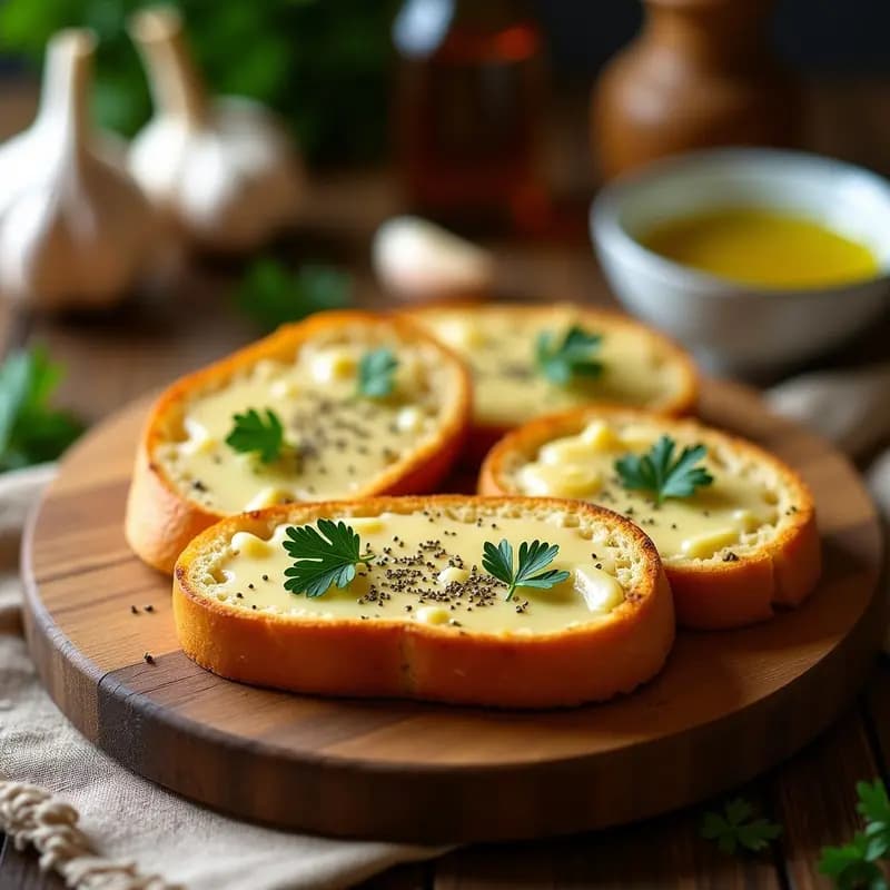Rodajas doradas de baguette con queso parmesano derretido y hierbas provenzales, crujientes y aromáticas, servidas en una tabla de madera rústica con ramitas de perejil fresco.