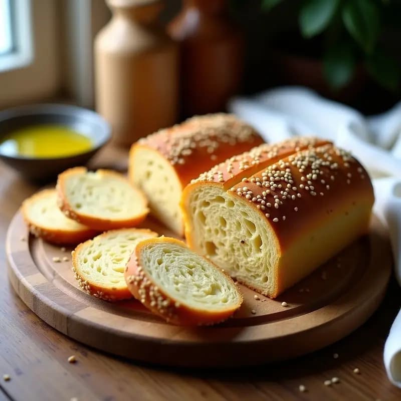 Pan de ajonjolí y harina de garbanzo recién horneado, dorado por fuera con semillas de sésamo tostadas, cortado en rebanadas esponjosas sobre una tabla de madera rústica. Receta colombiana sin gluten para desayuno.