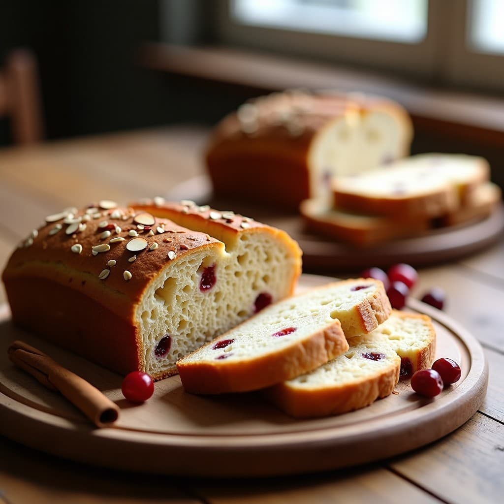 Pan de avena fermentada recién horneado con pasas de arándanos y canela, cortado en rebanadas gruesas. Textura esponjosa y dorada, con arándanos visibles y un topping crujiente de almendras fileteadas. Plato rústico de madera con fondo borroso de cocina.