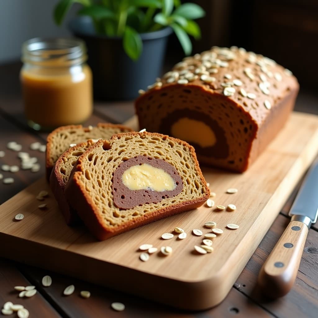Pan de avena y semillas de lino con relleno de crema de cacahuete cortado en porciones, mostrando capas doradas y textura esponjosa. Desayuno keto sin horno sobre tabla de madera rústica.
