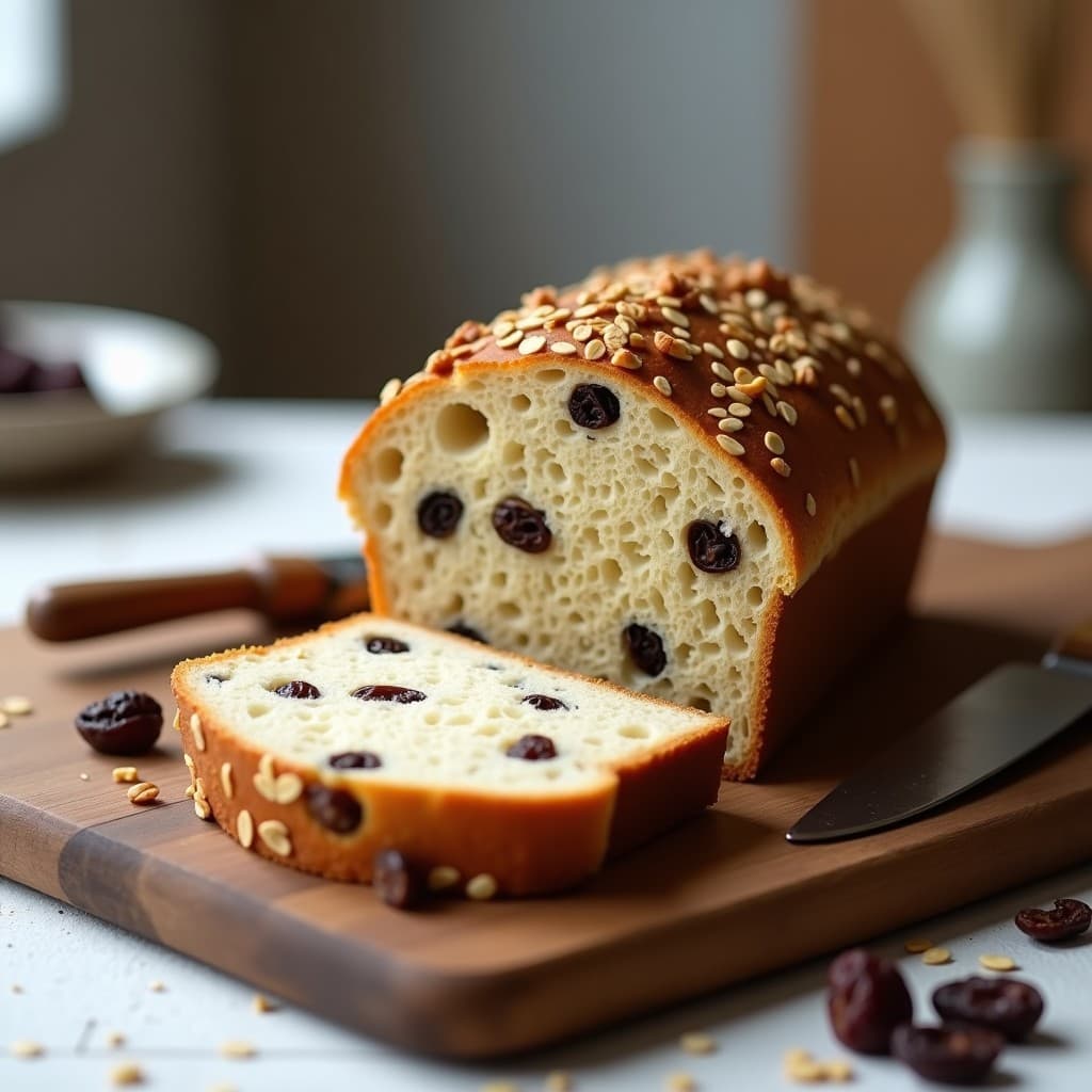 Pan de avena dorado con semillas de lino y pasas de uvazinha en rodajas, textura esponjosa y crujiente, servido sobre tabla de madera rústica con fondo claro.