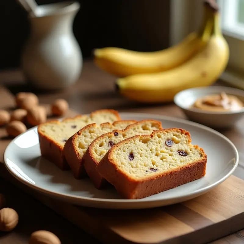 Pan de banana y nuez de macadamia sin harina cortado en rodajas gruesas, con trozos dorados de nuez tostada en la superficie. Textura esponjosa y húmeda, sobre tabla de madera rústica con fondo de hojas de eucalipto australiano.