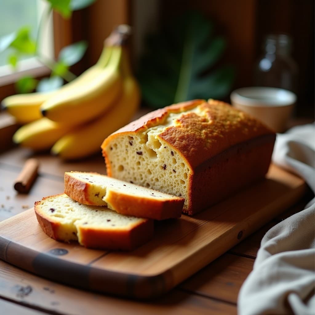 Pan de banana y trinchera con nuez moscada recién horneado, dorado y esponjoso, cortado en rebanadas gruesas. Se aprecia la textura húmeda y las semillas de chía integradas. Plato de madera rústica con fondo difuminado.