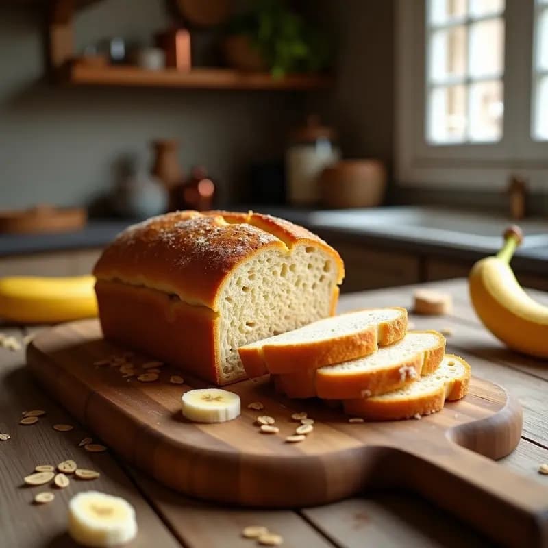 Pan de banano y avena sin harina recién horneado, con textura esponjosa y dorada, cortado en rebanadas gruesas sobre una tabla de madera rústica. Rodajas de plátano fresco y copos de avena esparcidos como decoración. Fondos borrosos de cocina acogedora.