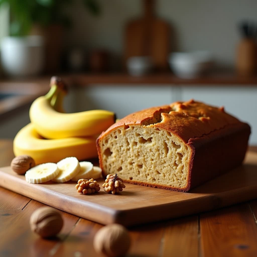 Pan de banano vegano dorado y esponjoso en molde rectangular, con trozos de nueces visibles, servido en tabla de madera rústica con rodajas de plátano fresco al lado.