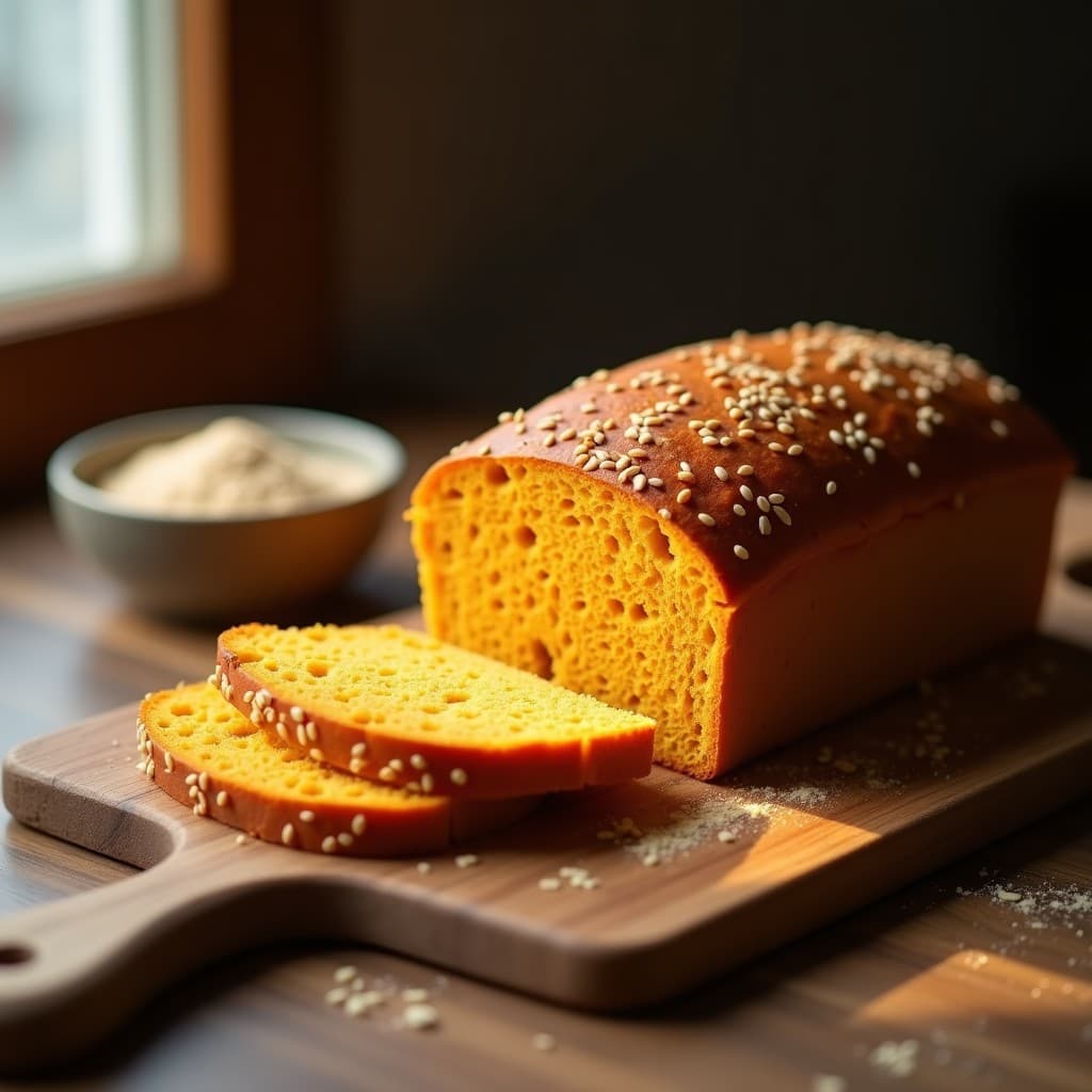 Pan dorado y esponjoso de batata y harina de teff cortado en rebanadas, con textura húmeda y migaja densa, servido en tabla de madera rústica con semillas de sésamo espolvoreadas.