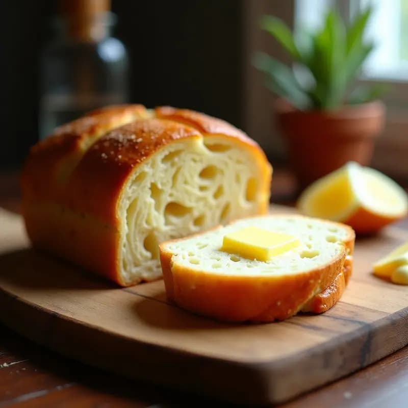 Pan de brioche dorado y esponjoso con masa madre, cortado en rebanadas mostrando su miga aireada, sobre una tabla de madera rústica con mantequilla derritiéndose.