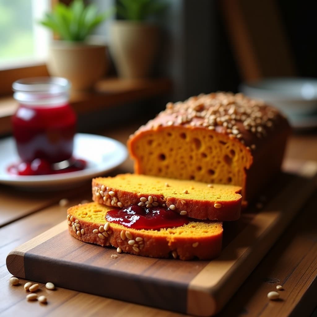 Pan de calabaza y semillas de lino rebanado, con textura esponjosa y dorada, servido en tabla de madera con mermelada de arándanos sin azúcar untada. Desayuno vegano y sin gluten.