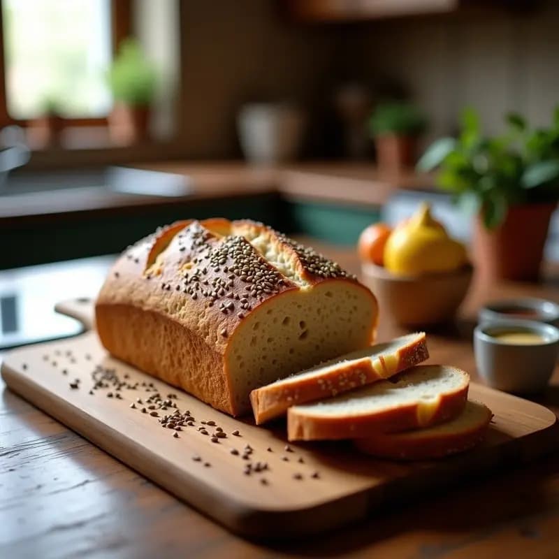 Barra de pan casero integral con semillas de lino, girasol, chía y sésamo, dorado y crujiente, cortado en rebanadas sobre una tabla de madera rústica.