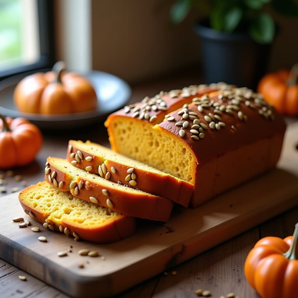 Pan de castañas y semillas de calabaza recién horneado en airfryer, con corteza dorada y semillas crujientes, cortado en rebanadas sobre una tabla de madera rústica con fondo neutro.