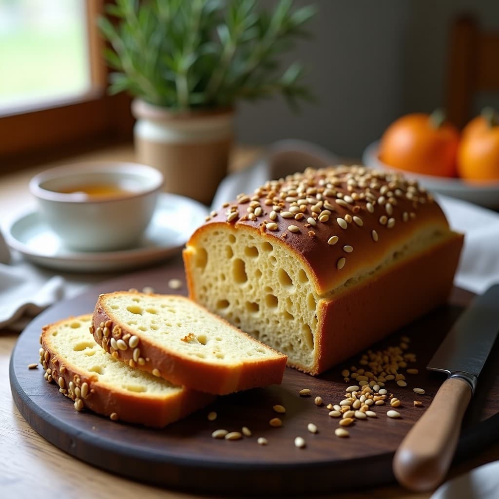Pan de castañas dorado con semillas de cardamomo y amapola, cortado en rebanadas gruesas sobre una tabla de madera rústica. Desayuno francés sin gluten con textura esponjosa y aroma cítrico.