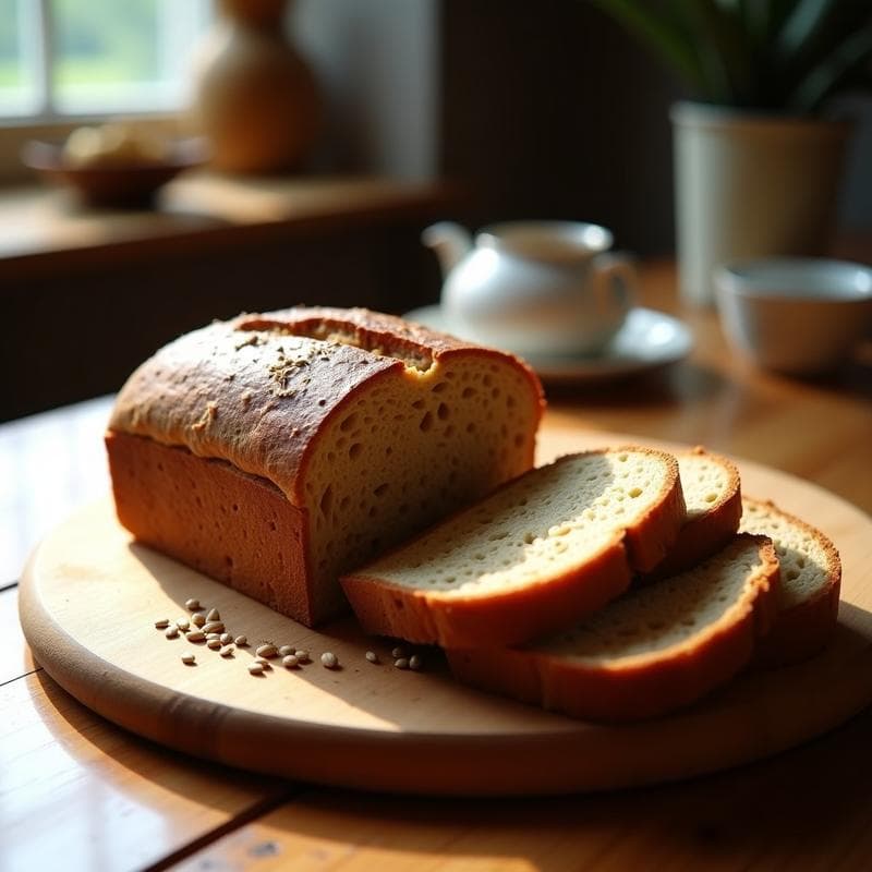 Pan de centeno y semillas de lino con fermentación larga, cortado en rebanadas, mostrando su miga densa y crujiente. Ideal para tupper, con un color dorado intenso y semillas visibles en la superficie.