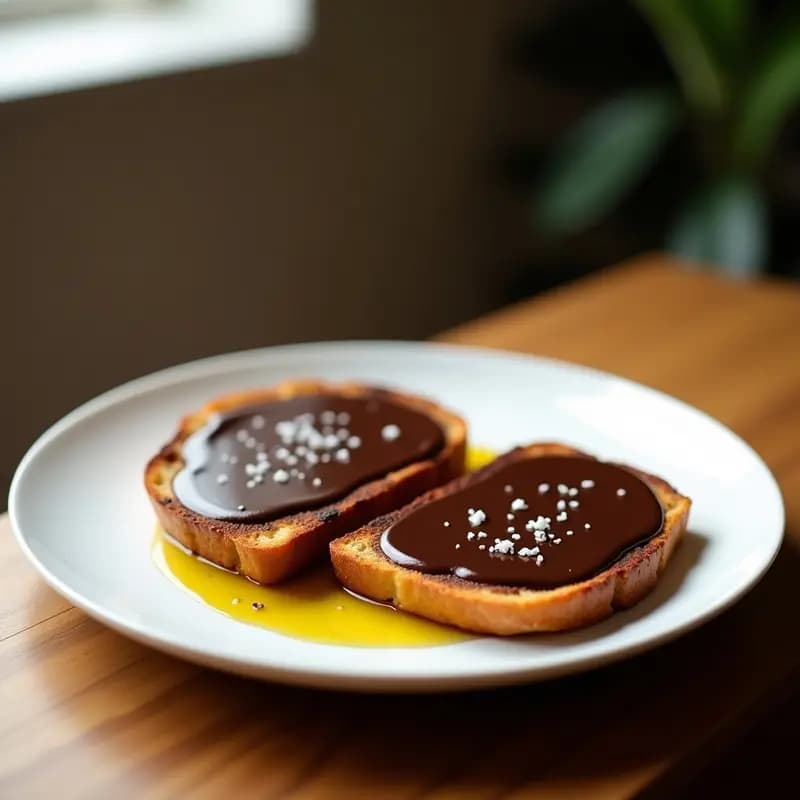 Plato blanco con dos rebanadas de pan tostado cubiertas de chocolate negro fundido brillante, un hilo dorado de aceite de oliva virgen extra y una pizca de sal marina. Desayuno catalán tradicional rápido y energético.