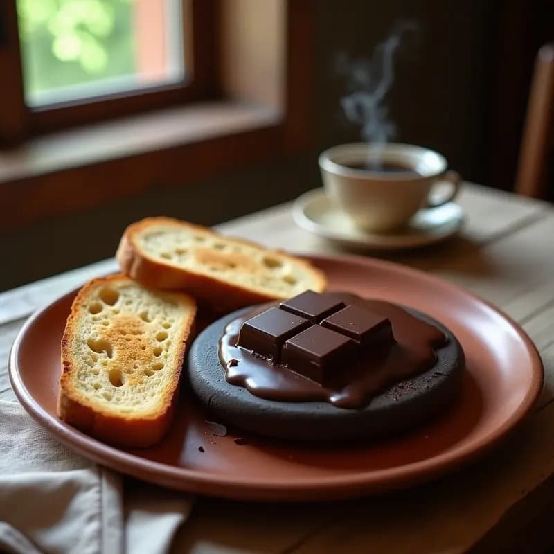 Plato de barro rústico con pan tostado grueso y tableta de chocolate negro derritiéndose sobre piedra caliente, típico desayuno español tradicional.