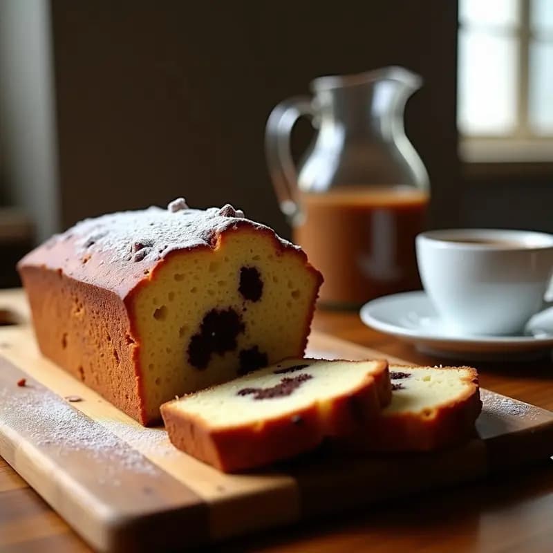 Pan de molde casero esponjoso con trocitos de chocolate negro fundido, horneado en molde rectangular, con costra dorada y textura húmeda. Receta tradicional de pan con chocolate y aceite de oliva.