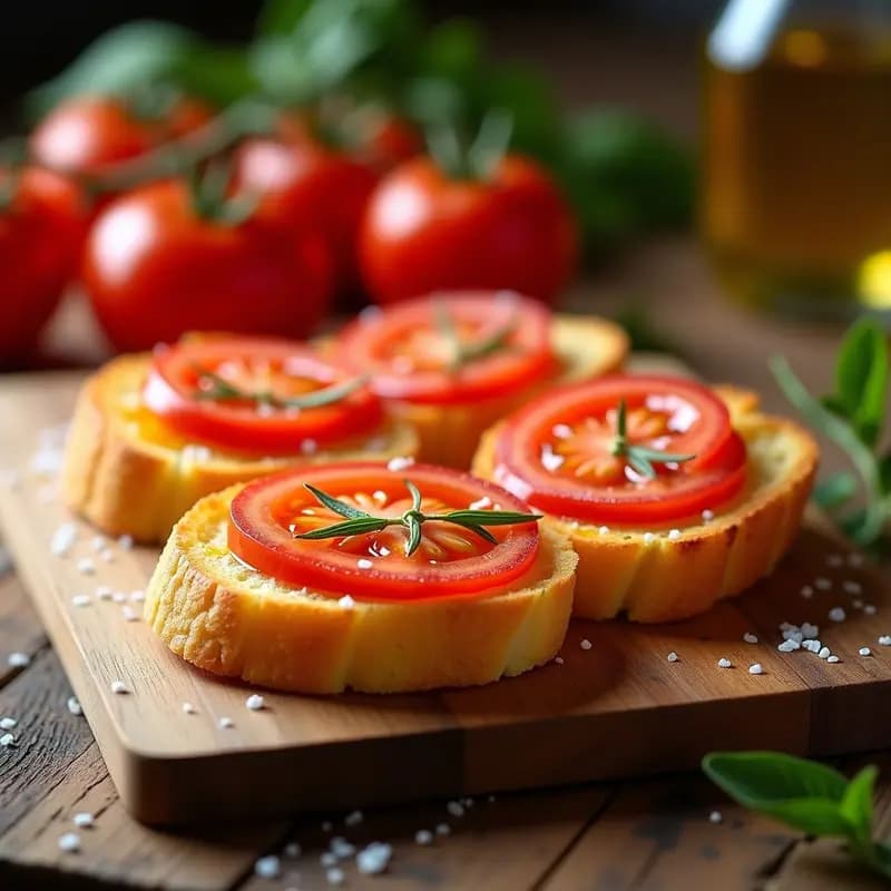 Tostadas de pan de cristal dorado y crujiente con tomate rallado fresco, aceite de oliva virgen extra brillante y un toque de sal, servidas en una tabla de madera rústica. Receta catalana tradicional.