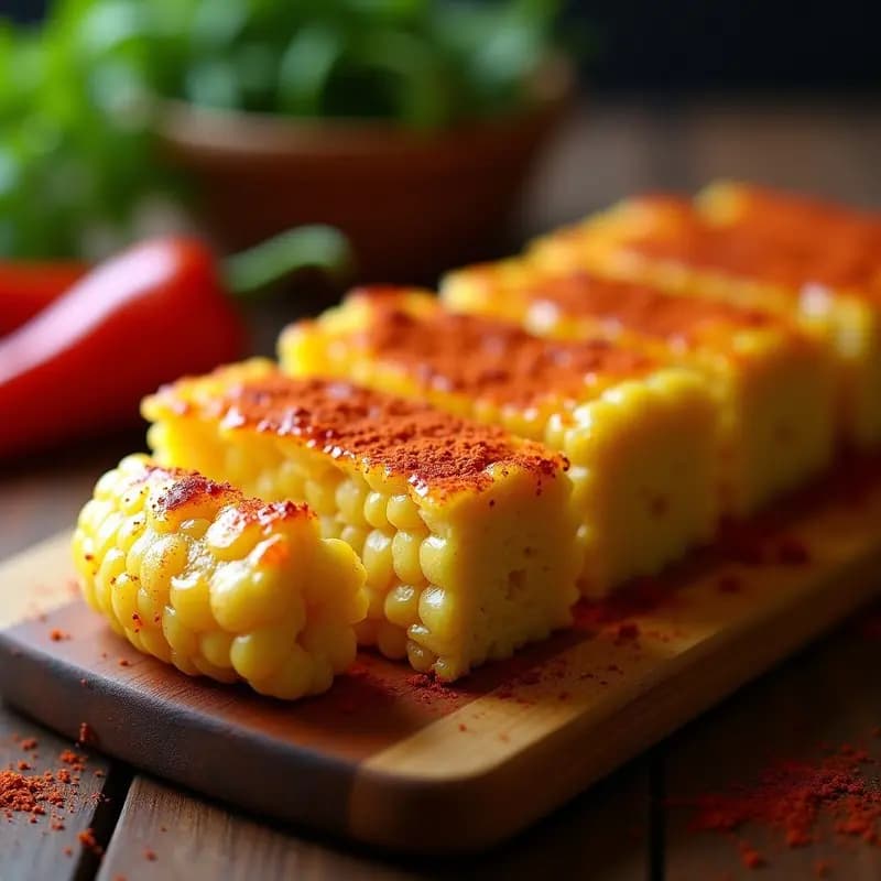 Pan de elote asado dorado con vetas de miel y chile en polvo espolvoreado, servido en rodajas sobre una tabla de madera rústica.