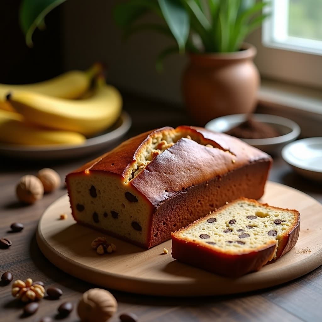 Pan de plátano y café sin harina cortado en rebanadas sobre una tabla de madera, con textura húmeda y dorada, rodeado de nueces y granos de café.