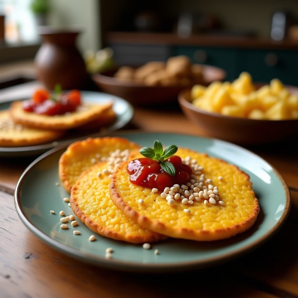 Pan de elote dorado con semillas de amaranto tostadas en la superficie, cortado en rebanadas gruesas y acompañado de mermelada de guayaba brillante en un plato de barro rústico. Desayuno sin gluten mexicano tradicional.