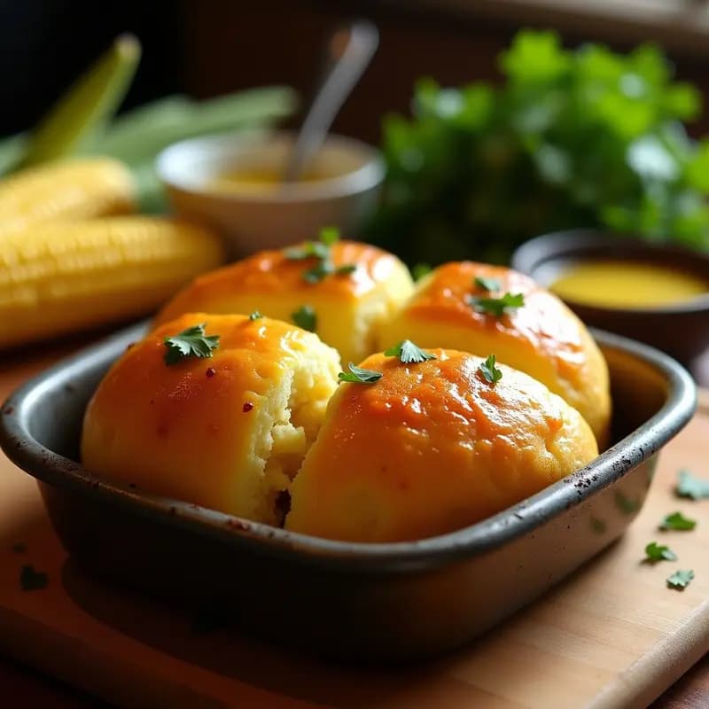Pan de elote asado dorado en molde rústico, con textura esponjosa y cubierto de mantequilla de ajo y perejil brillante, servido en tabla de madera con granos de elote y hierbas frescas al fondo.