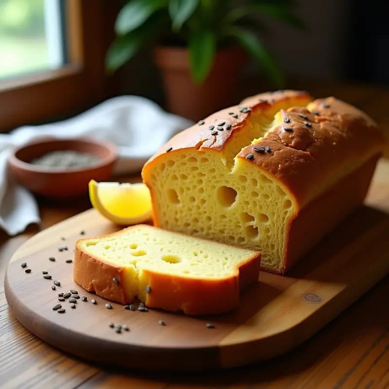 Pan de elote y harina de sorgo sin gluten, dorado y esponjoso, cortado en rebanadas gruesas sobre una tabla de madera rústica. Se aprecián los granos de maíz y la textura húmeda. Acompañado de una rodaja de limón y semillas de chía espolvoreadas.