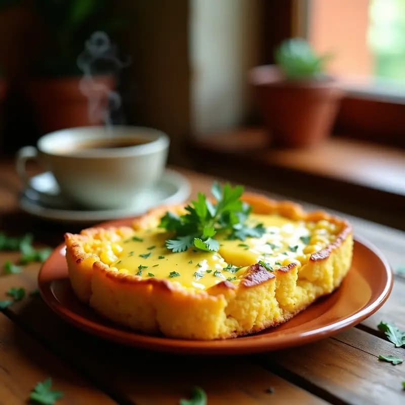 Pan de elote dorado y esponjoso con queso de hebra derretido y hojitas de cilantro fresco, servido en un plato rústico de barro, receta de olla lenta mexicana.