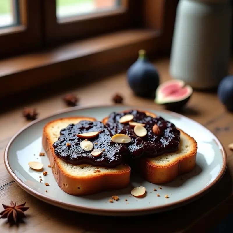 Pan de especias alemán vegano en rebanadas tostadas con compota de higo negro espesa y almendras fileteadas, servido en plato rústico de cerámica.