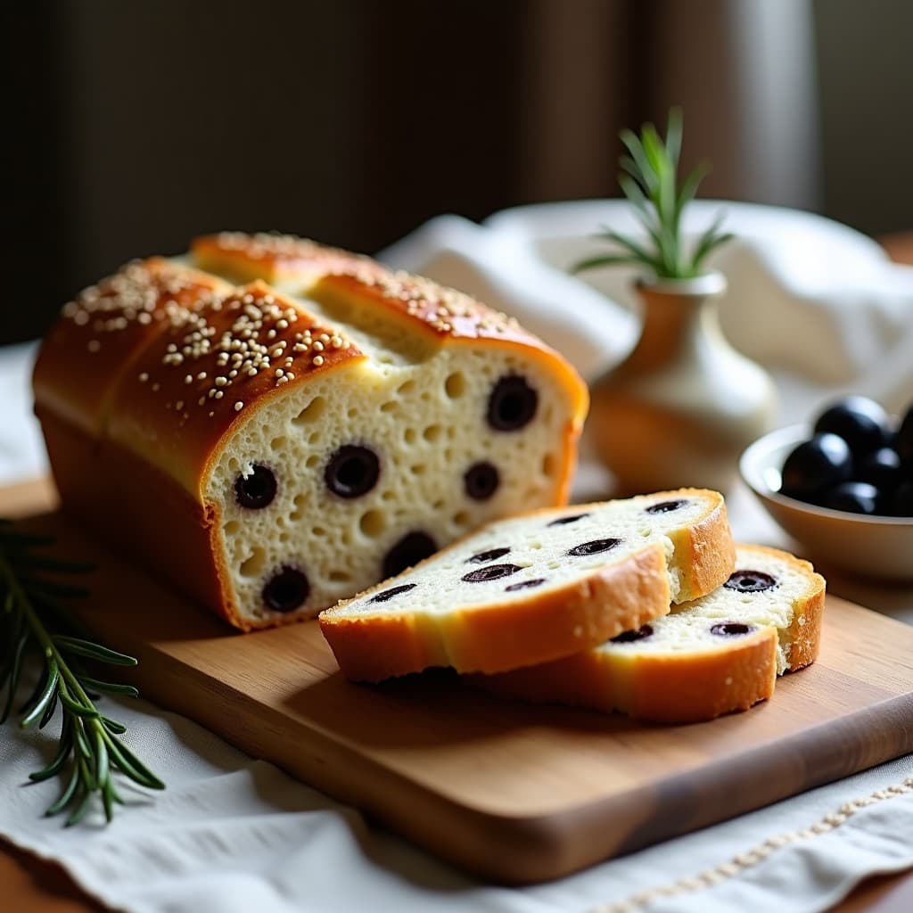 Pan de espelta dorado con trocitos de aceitunas Kalamata y romero fresco, cortado en rebanadas sobre tabla de madera rústica, receta griega en Thermomix sin amasar.