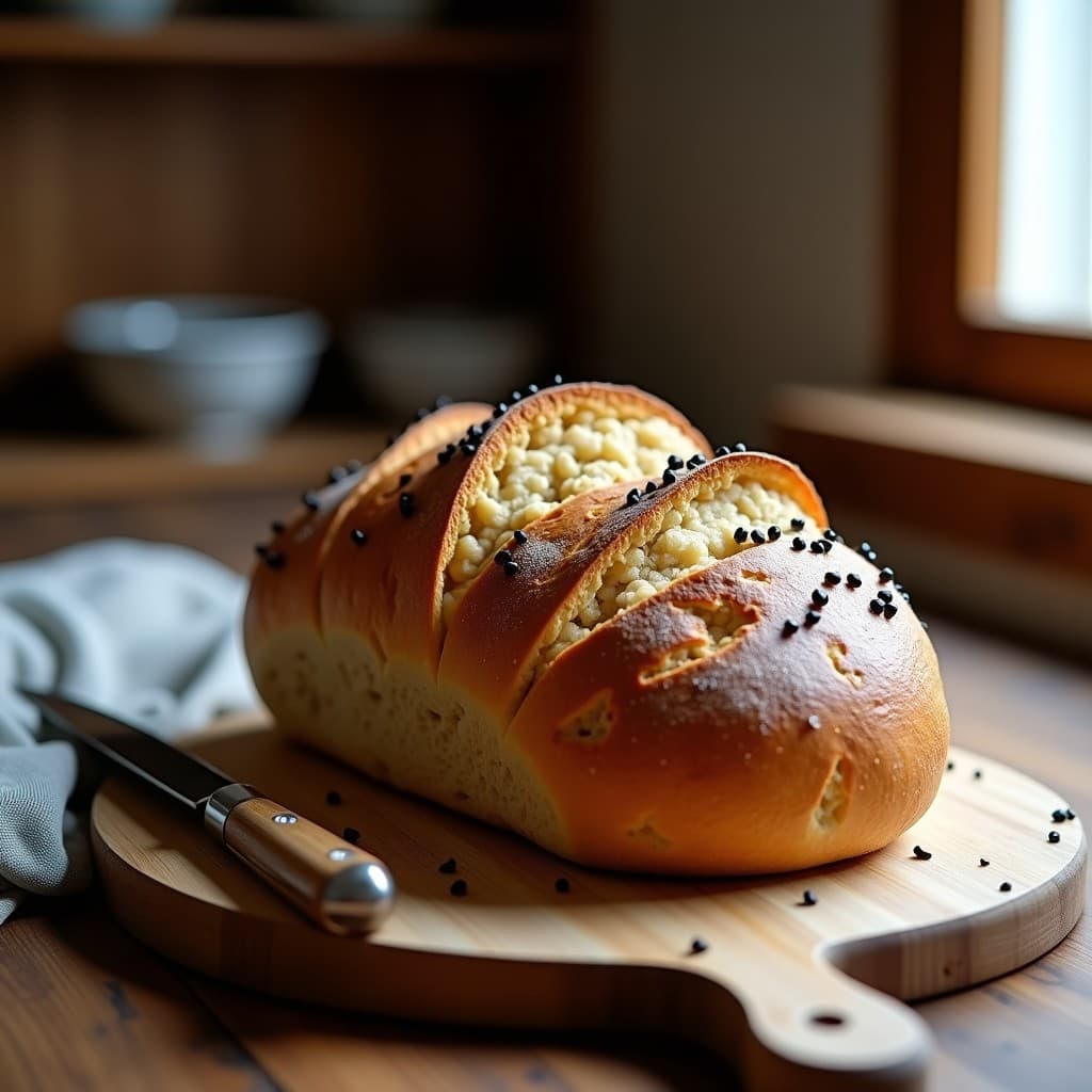 Pan de espelta dorado con semillas de amapola y vetas de miel de tomillo, recién horneado sobre una tabla de madera rústica con un cuchillo al lado.